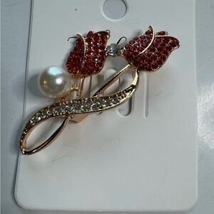 New Rhinestone double tulip brooch- gold